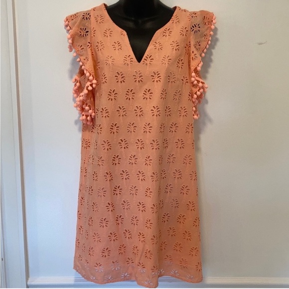 LILLY PULITZER Astara Peach Eyelet Palm Tree Dress w Pom Pom Flutter Sleeves S - Picture 2 of 14